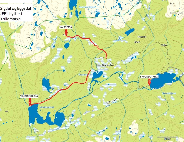 Trillemarka med stier til SEJFF sine hytter