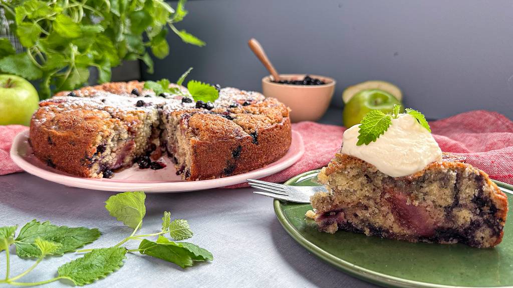Eplekake med blåbær er en ekstra saftig og god kake som smaker nydelig med nypisket krem til. Dette er perfekt kaffemat og kan selvsagt også serveres med iskrem til.