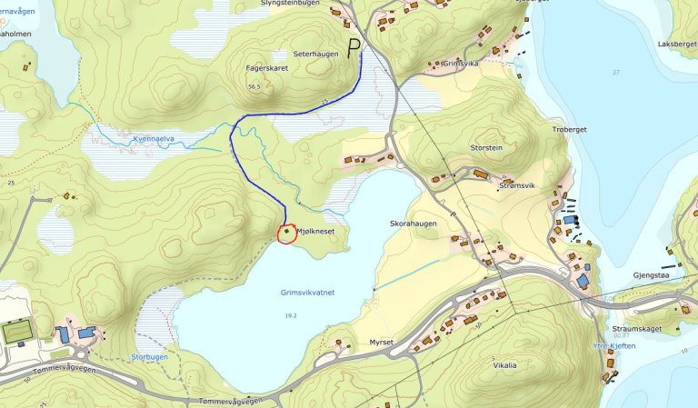 Kart - Gapahuk Grismvikvatnet - Parkering og rute - 650 meter å gå.JPG