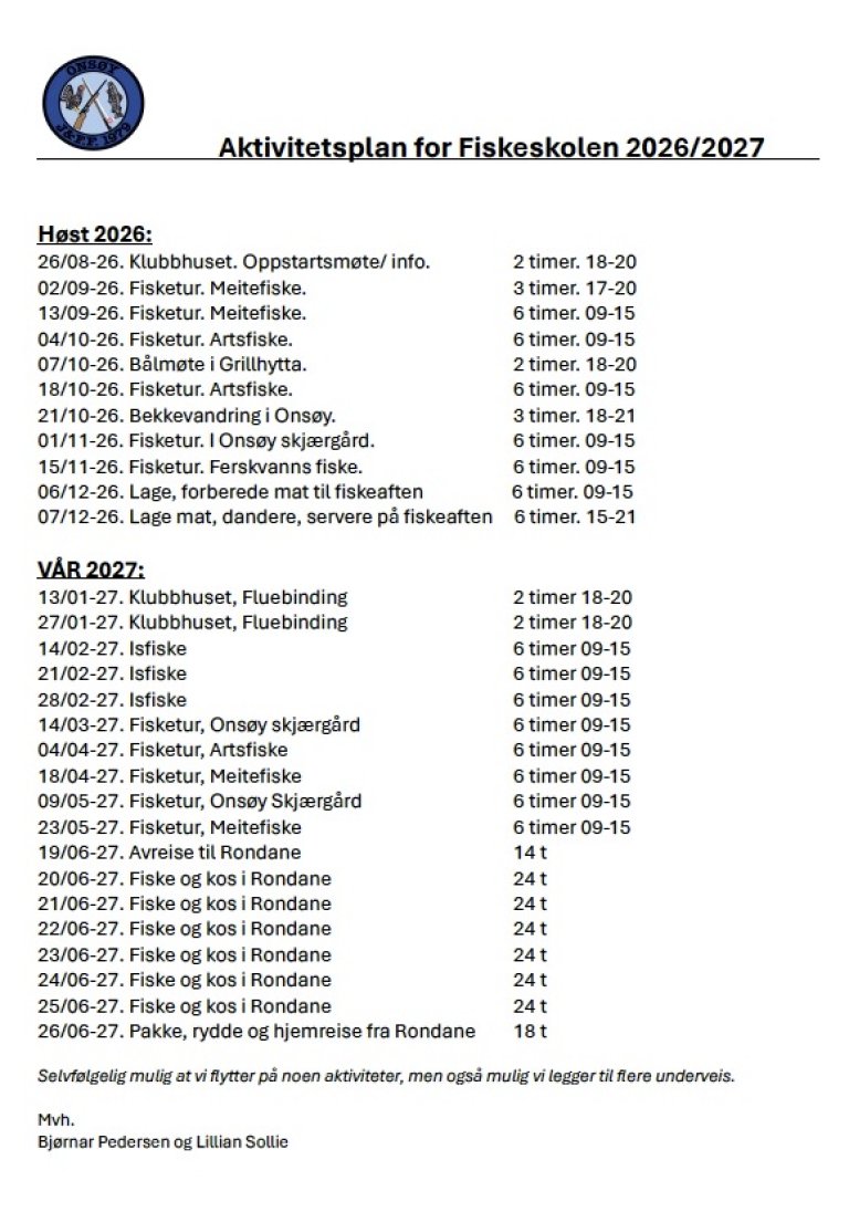 Aktivitetsliste, Fiskeskolen 2026/27