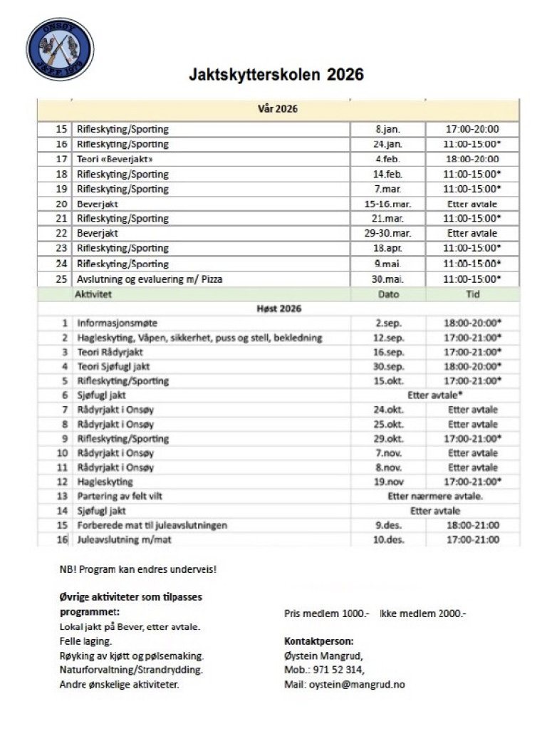 Aktivitetsliste Jaktskytterskolen 2026